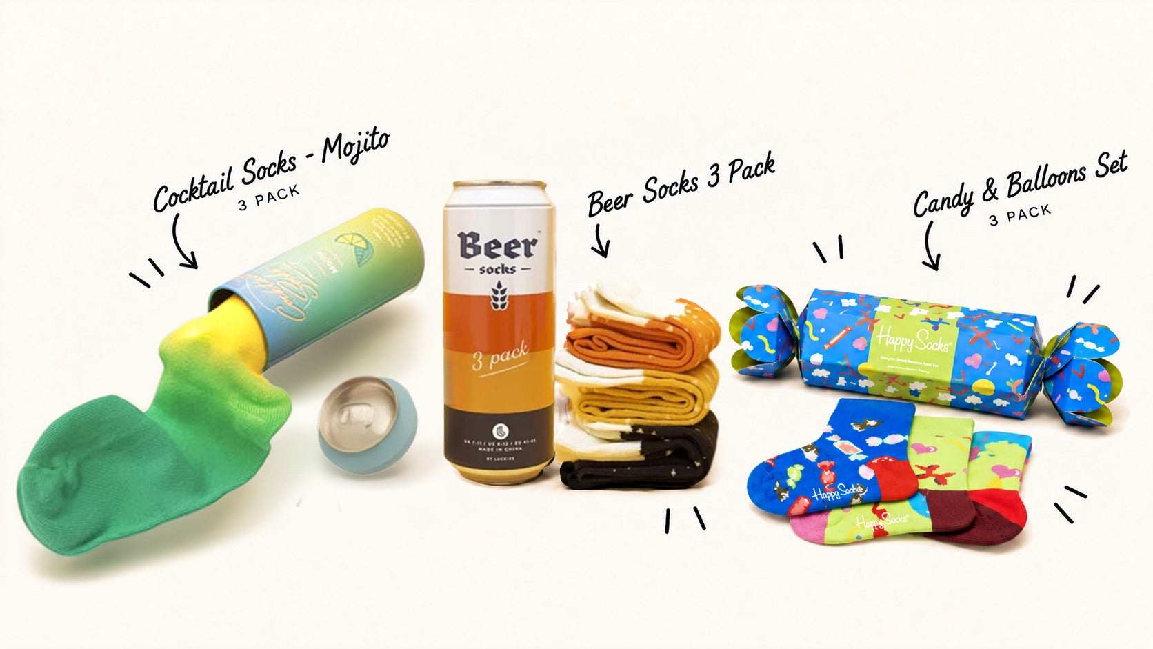 Motsu gift sets: Cocktail Socks Mojito, Beer Socks 3 Pack and Candy & Balloons Set